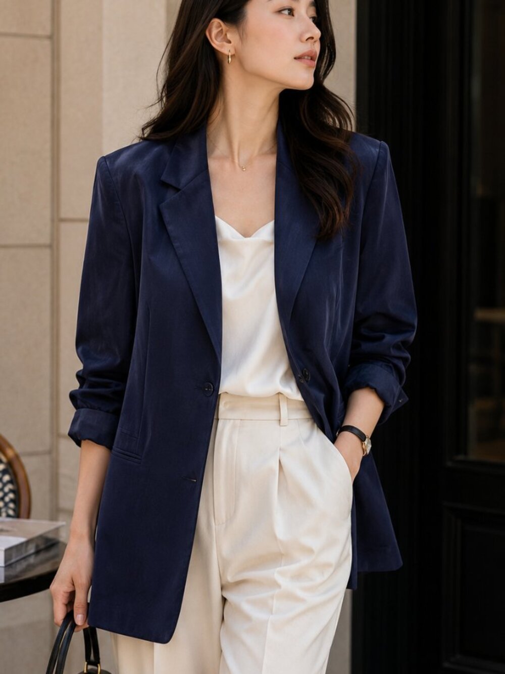 Vintage Patrick 100% Silk Blazer Navy Fully Lined Quiet Luxury Oversized Size 10